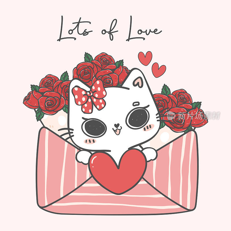 可爱的白色小猫猫女孩在爱粉红色信封一束红玫瑰卡通动物涂鸦手绘插图矢量