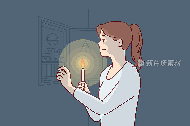 一名女子拿着燃烧的蜡烛接近电源屏蔽，试图找出停电的原因。矢量图