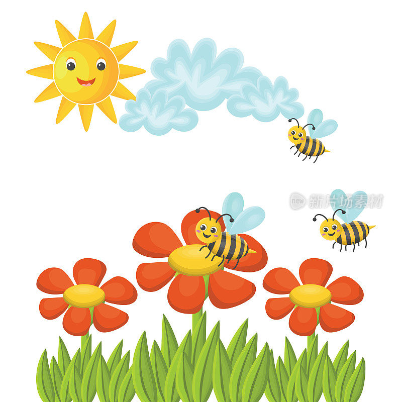 可爱的卡通明信片。阳光明媚的草坪，蜜蜂在红色雏菊花下飞舞，白色背景上的草被隔离开来。蜜蜂在阳光明媚的夏日里采蜜。