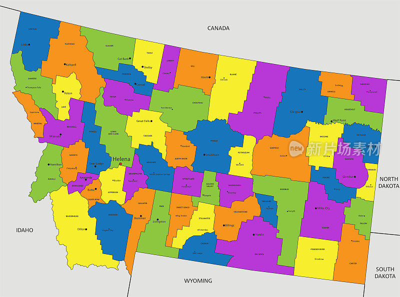 色彩丰富的蒙大拿州政治地图，标签清晰，分层。矢量插图。