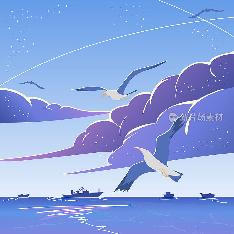 海鸥和海洋的景观。矢量插图。