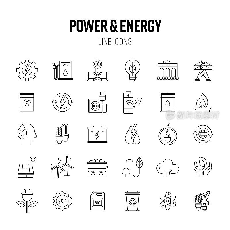 电力和能源工业线图标集。电力，生态，可持续性，天然气。