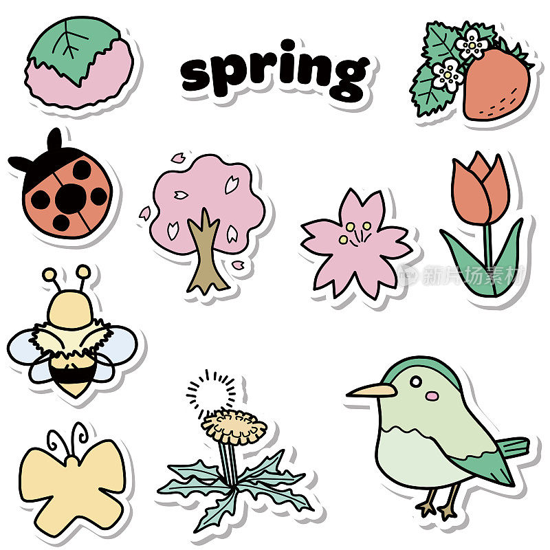 春天灵感小彩色插图集贴纸风格