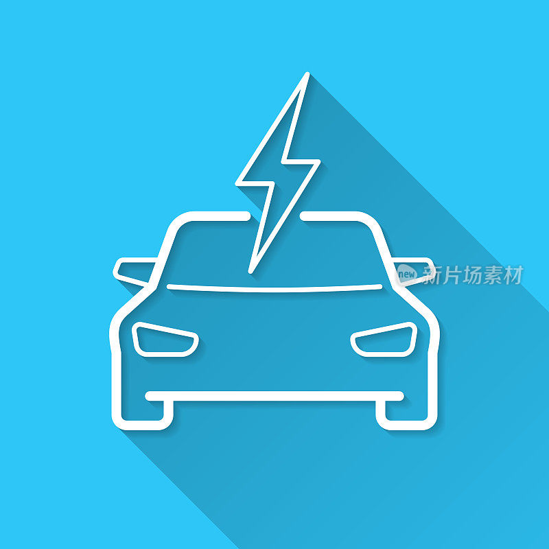 电动汽车负责。图标在蓝色背景-平面设计与长阴影