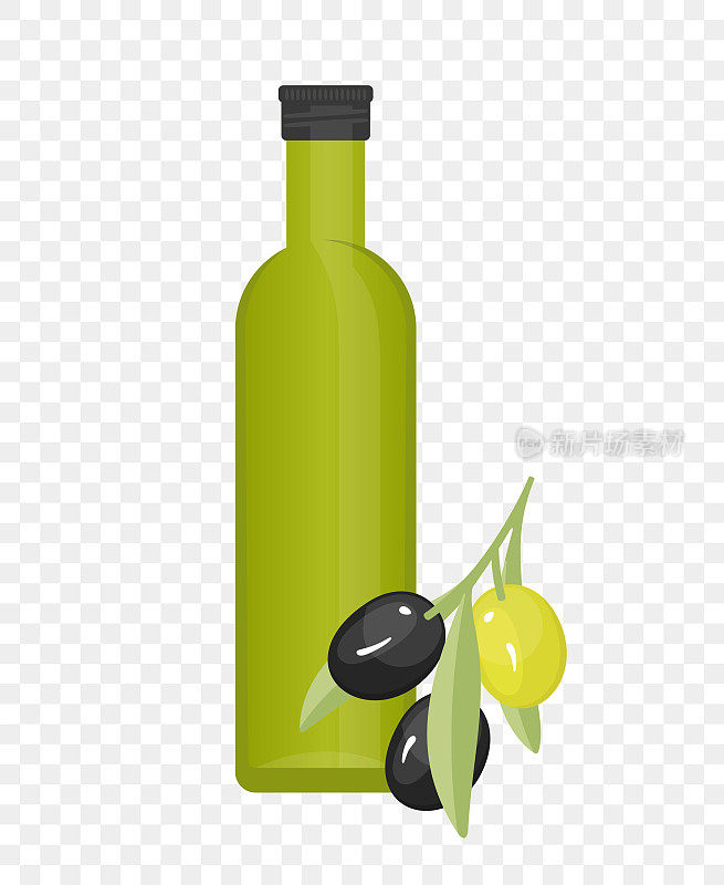 玻璃瓶装橄榄油与绿色和黑橄榄插图。绿色和黑橄榄树枝与橄榄蔬菜树果实矢量设计。特级初榨橄榄油