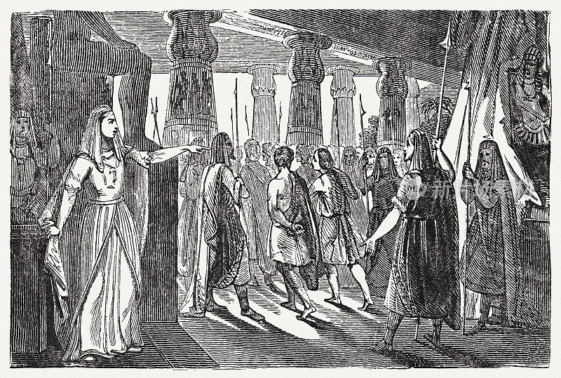 约瑟在埃及的兄弟们(创世记42)，木版，1835年出版