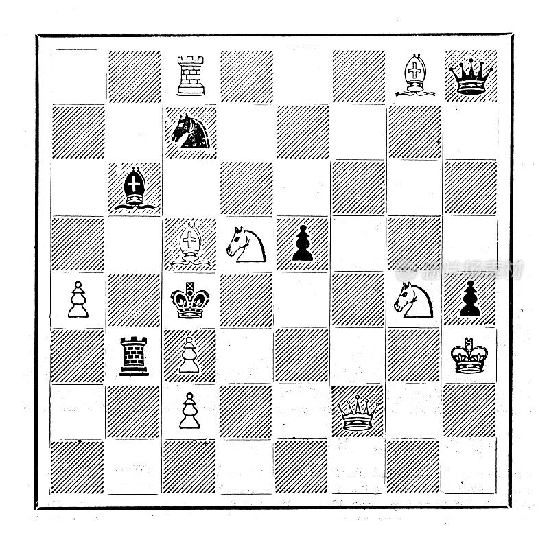 来自英国杂志的古董图片:国际象棋测验，白棋棋和两步棋