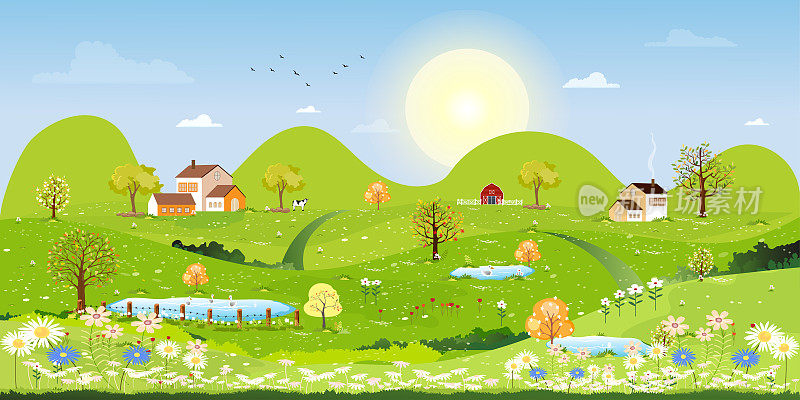 春日绿野山水以山为背景，蓝天白云为背景，田园田园自然全景以绿草地为背景。卡通矢量插图春夏横幅
