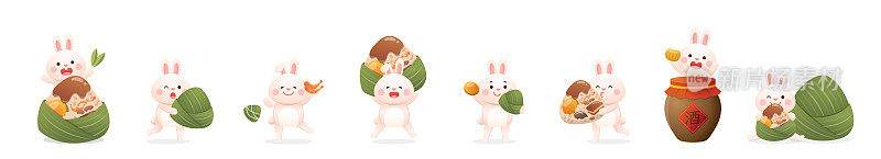可爱的兔子用中国端午节的传统食物粽子，用竹叶包着糯米，中文译作:酒