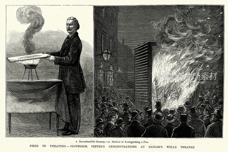 剧院里的火，约翰・亨利・佩珀教授在萨德勒威尔斯剧院的演示，不燃的景色，灭火的方法