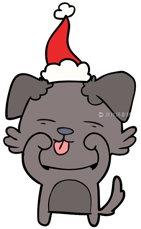 手画线画一只狗戴着圣诞老人的帽子揉眼睛