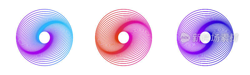 一组抽象的旋转符号。扭曲线框隧道。弯曲的蓝色形状。技术发光的彩色圆圈。