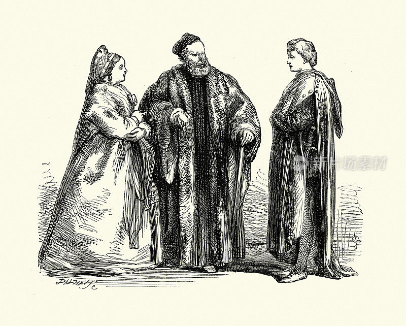 凯普莱特、凯普莱特夫人和巴黎登场，威廉・莎士比亚的《罗密欧与朱丽叶》场景，由约翰・吉尔伯特绘制，19世纪维多利亚时代