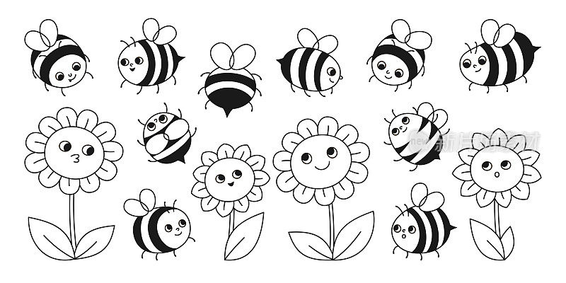 蜜蜂蜂蜜人物和花朵可爱的标志集漫画孩子蜜蜂昆虫人物有趣的脸