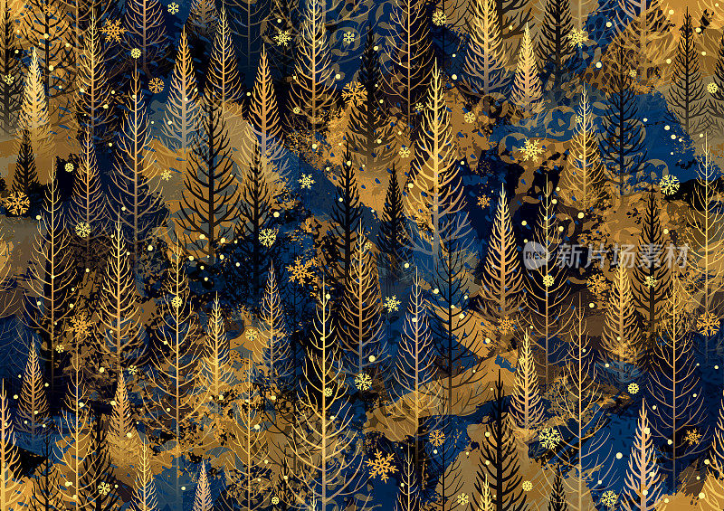 无缝蓝色和金色抽象圣诞冬季森林图案