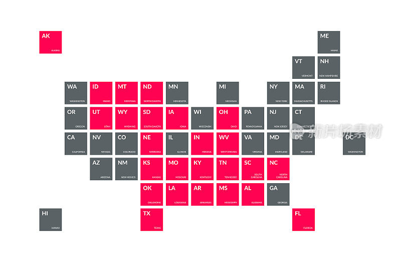 矢量美国颜色地图与国家和每个国家股票插图美国，科罗拉多州，加利福尼亚州，密歇根州，伊利诺伊州的名称的边界