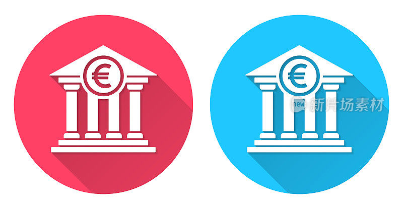 有欧元标志的银行。圆形图标与长阴影在红色或蓝色的背景