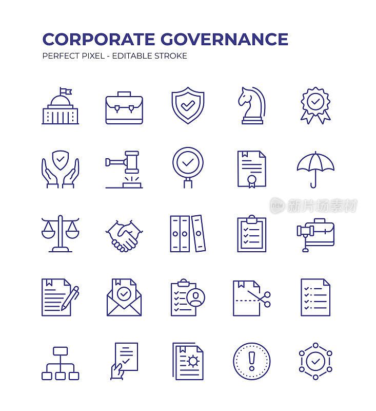 公司治理可编辑行图标集包含诸如法律制度，透明度，合规，法规，合同，政府等图标