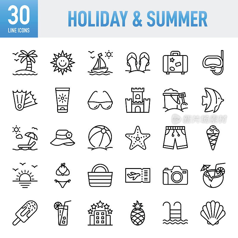 假日和夏天-细线矢量图标集。像素完美。移动和Web。该集包含图标:假期，旅游，酒店，海滩，旅游，棕榈树，热带树木，太阳，太阳镜，日落，阳光，夏天，大海，机票