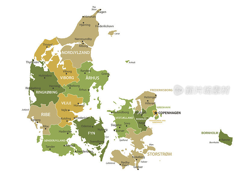 丹麦地图。矢量彩色丹麦地图