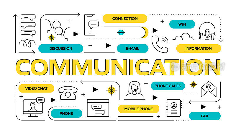 沟通相关的矢量横幅设计概念，现代线条风格与图标