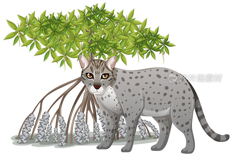 钓鱼猫与红树林在卡通风格的白色背景