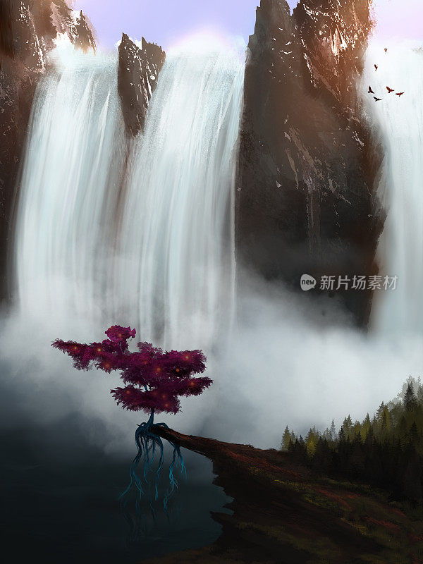 一个瀑布和一棵粉红色的树的梦幻景观