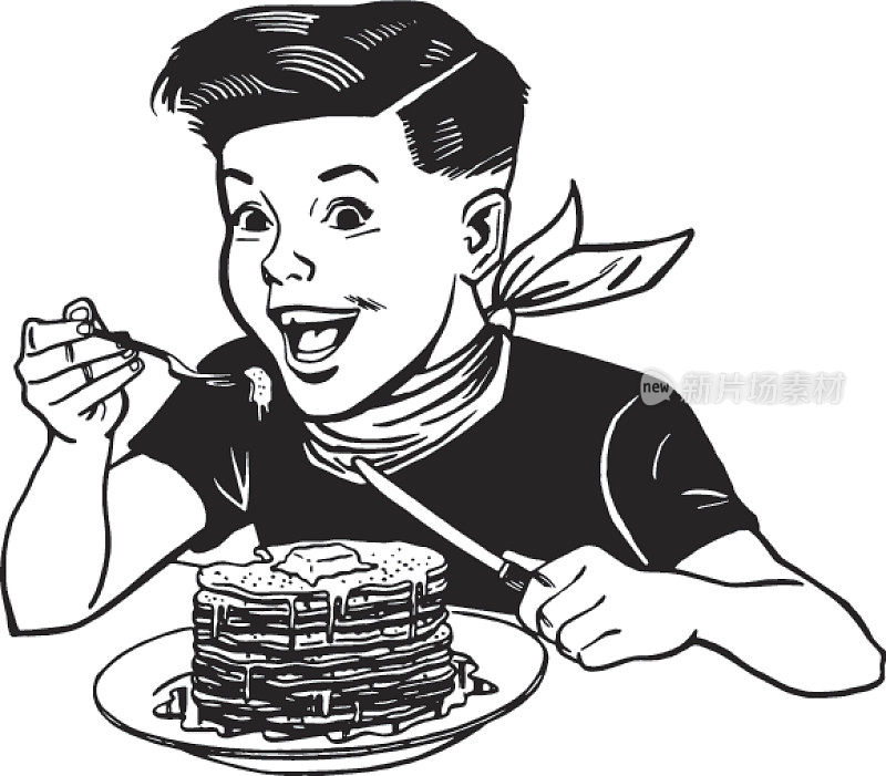 一个男孩正在吃一堆煎饼