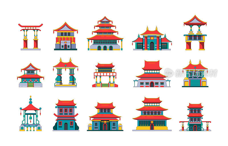 亚洲的建筑。中国传统宫殿古宅宝塔建筑古色古香的矢量平面图集