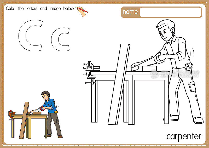 矢量插图的儿童字母着色书页与概述剪贴画，以颜色。字母C代表卡朋特。