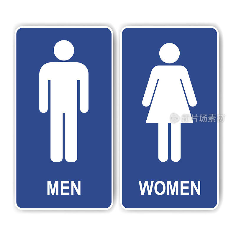 厕所的迹象。蓝色厕所标志，女士，男人符号和文本矢量符号ESP10。