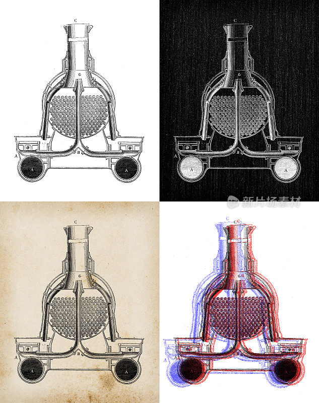 科学发现的古董插图:蒸汽动力机车