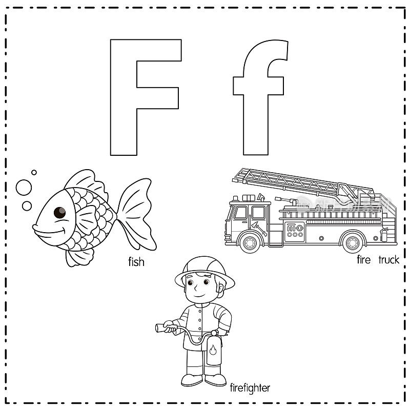 向量插图学习字母F的小写和大写的儿童与3卡通图像。鱼类消防队员消防车。
