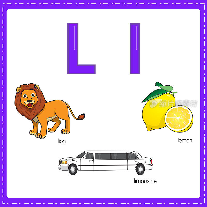 向量插图学习字母L的小写和大写的儿童与3卡通图像。狮子豪华轿车柠檬。