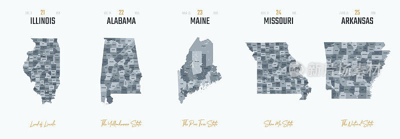 向量集5的10高度详细的美国州地图，分为县的名字和领土昵称