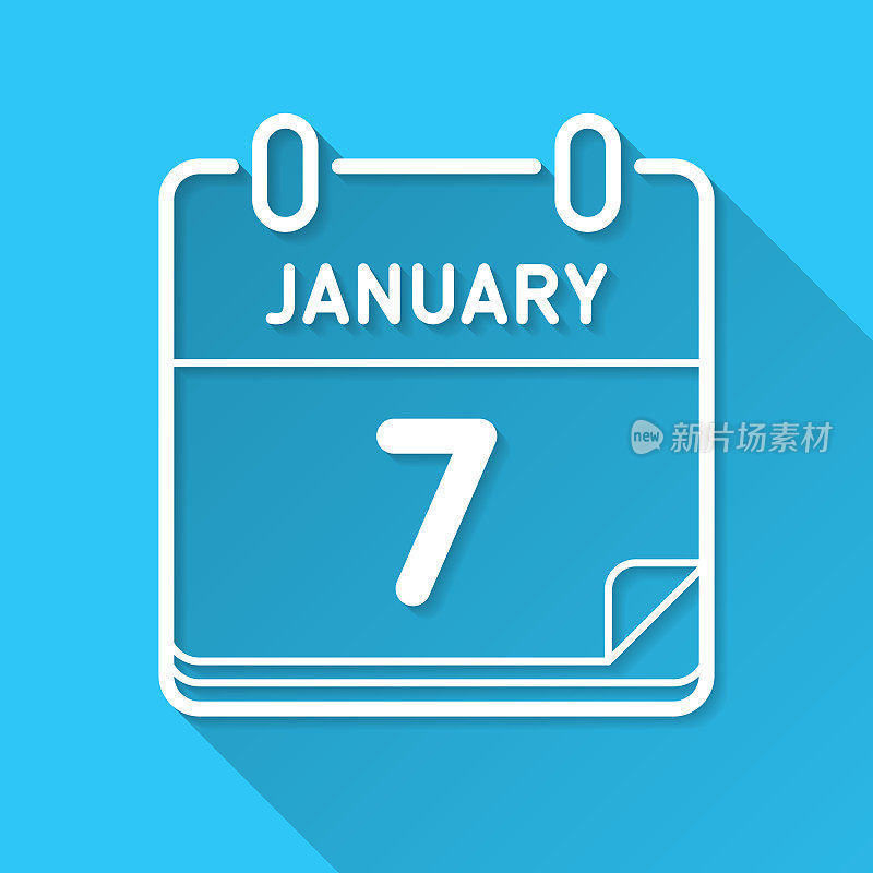 1月7日。图标在蓝色背景-平面设计与长阴影
