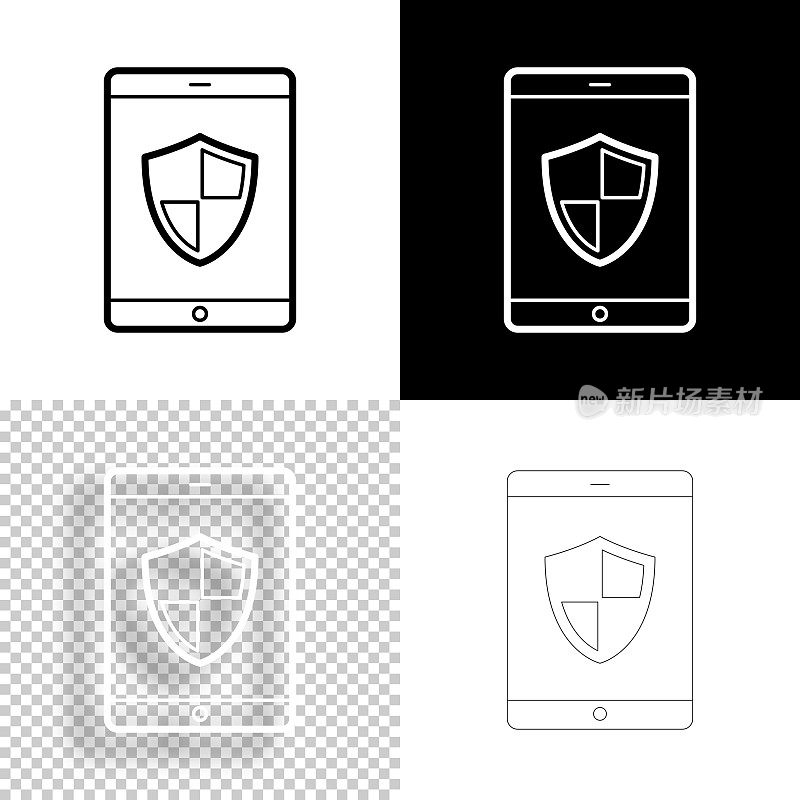 带屏蔽的平板电脑。图标设计。空白，白色和黑色背景-线图标