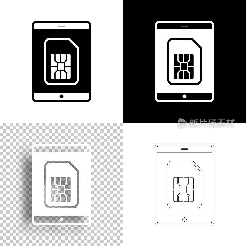 带SIM卡的平板电脑。图标设计。空白，白色和黑色背景-线图标