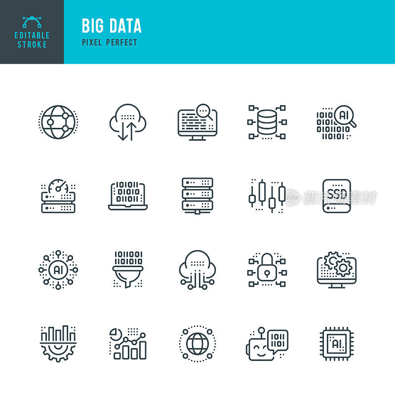 大数据-细线矢量图标集。像素完美。可编辑的中风。该集合包含图标:数据分析，大数据，云计算，人工智能，机器学习，网络安全，数据中心。
