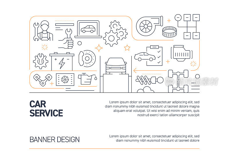 汽车服务相关矢量横幅设计概念，现代线条风格与图标