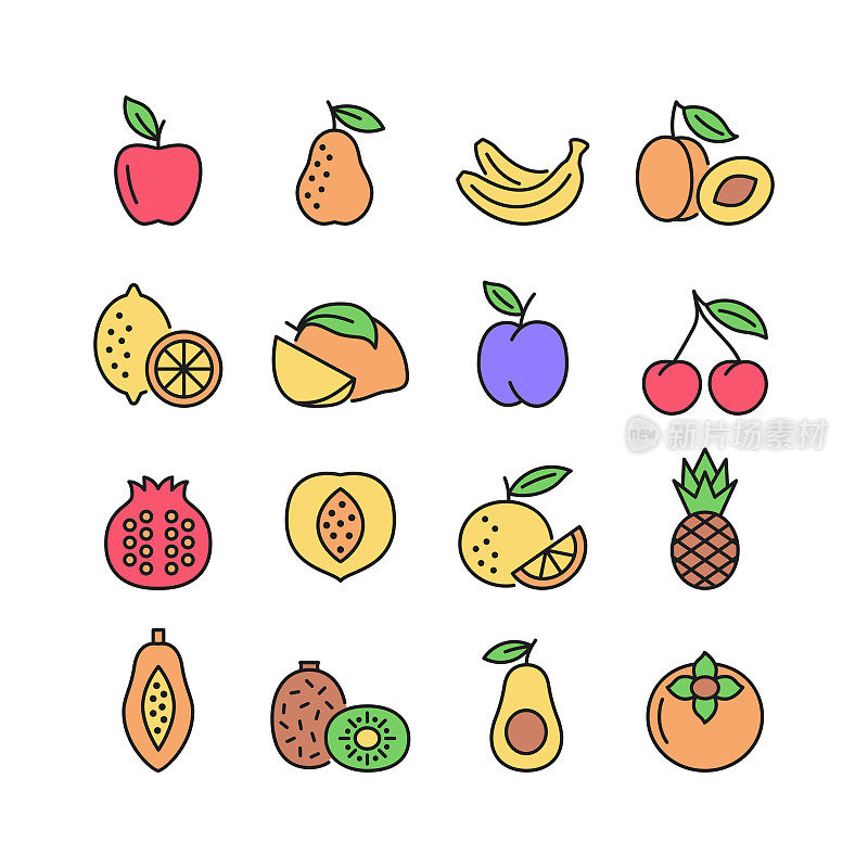 水果矢量线图标集。平面符号有苹果、梨、香蕉、菠萝、柠檬、橘子、樱桃。