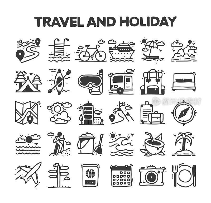 旅游和假日相关的手绘矢量涂鸦图标集