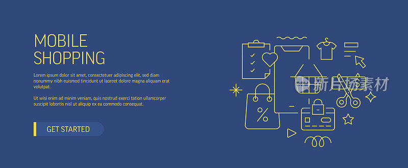 手机购物相关网页横幅线风格。现代设计矢量插图网页横幅，网站标题等。股票插图