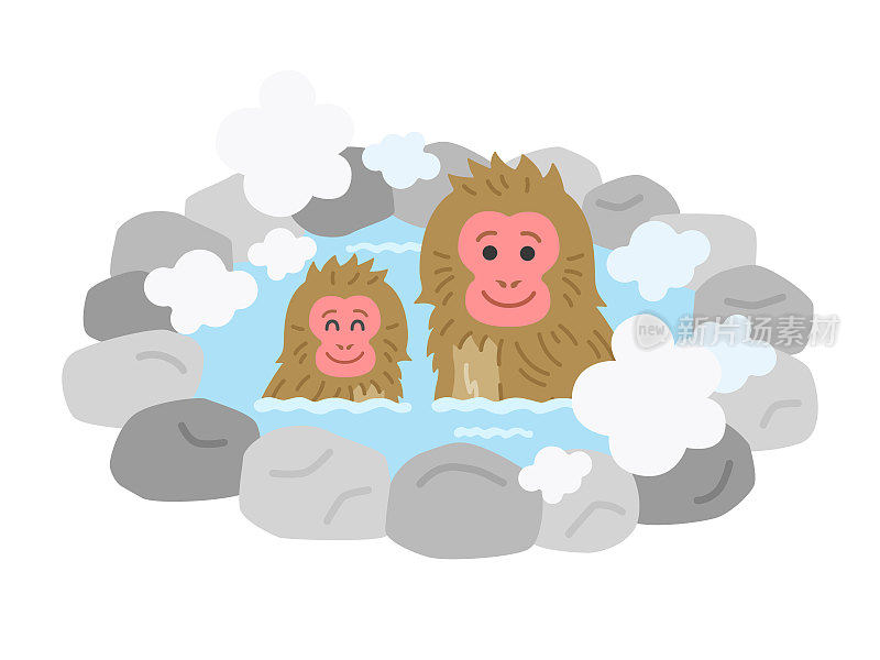 日本猕猴父母和孩子进入温泉的插图。