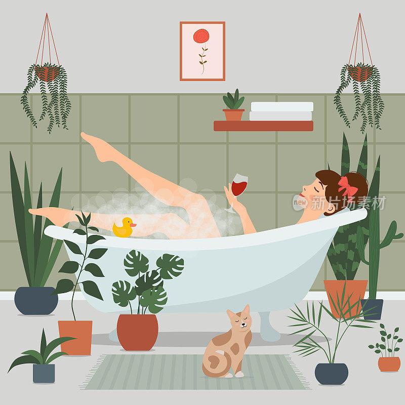 女孩用泡沫洗澡，手里拿着一杯酒。周围都是盆栽植物。一个女人在浴室里放松。浴室内。