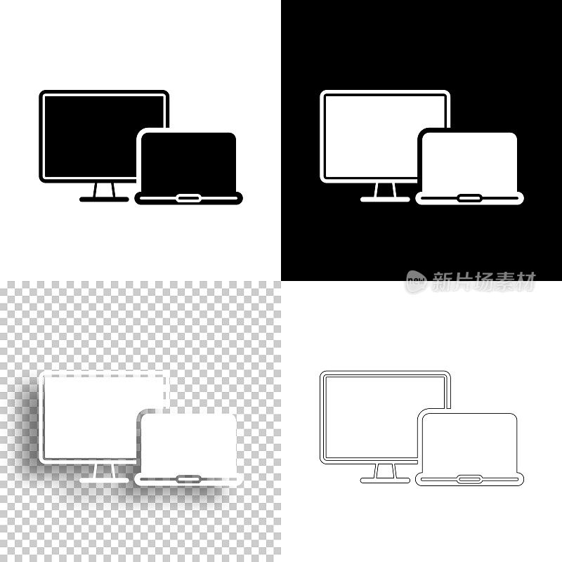 台式电脑和笔记本电脑。图标设计。空白，白色和黑色背景-线图标
