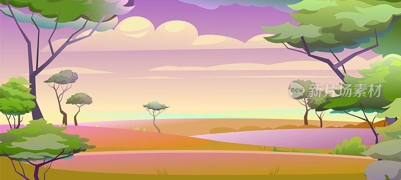 早上非洲景观。美丽的日出在粉红色的黄昏。有沙子和植物的场景。在沙漠草原。非洲的金合欢树。向量