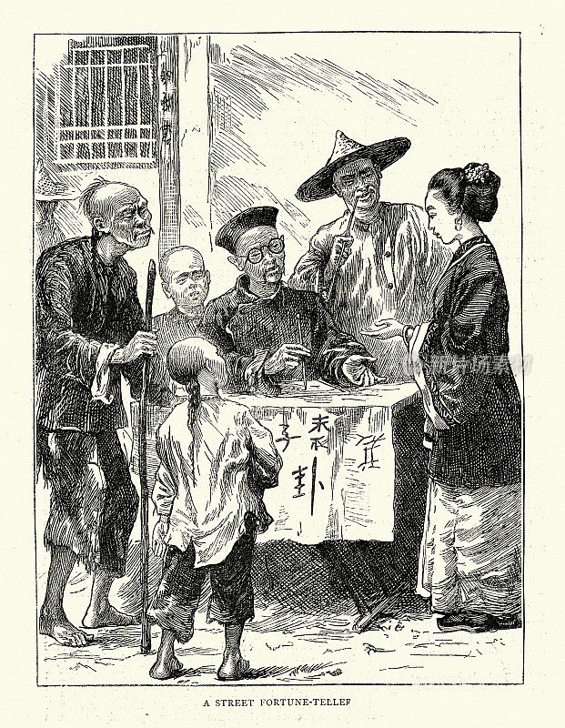 复古插图，街头算命先生，生活在中国在1870年代，1872,19世纪