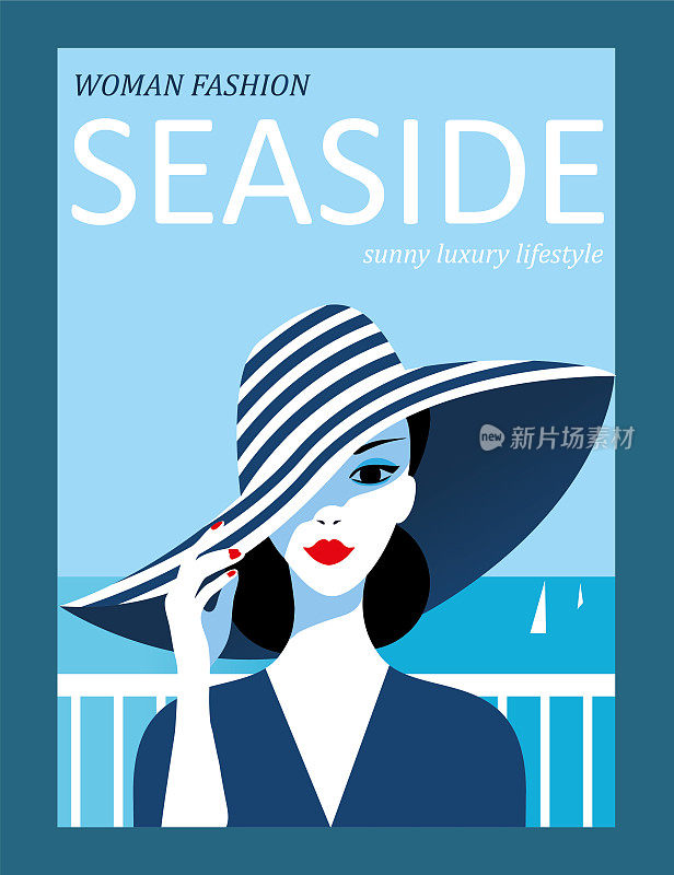 抽象女人与黑色头发和条纹帽子的海洋背景。时尚杂志封面设计