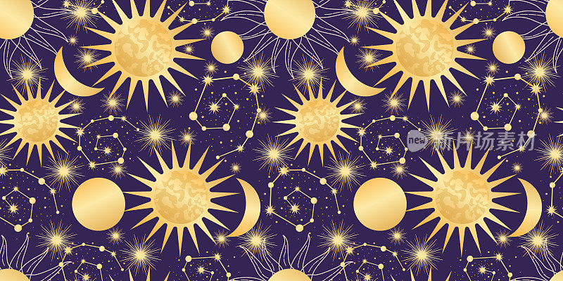 星星与太阳和月亮的天象无缝图案。神奇的占星术在复古波西米亚风格。金色的太阳，带有光线和星座。矢量插图。